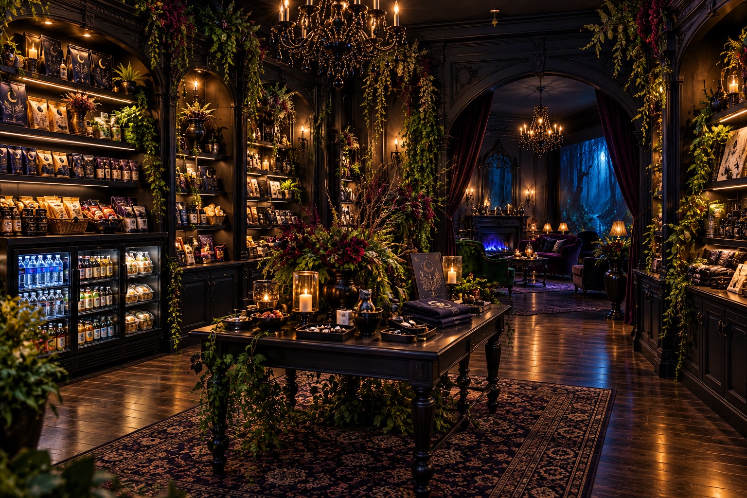 Gothic boutique with cascading botanical displays, black chandeliers, a central merchandise table, shelves of snacks and gifts, chilled drinks, and an archway into a blue-lit parlor.