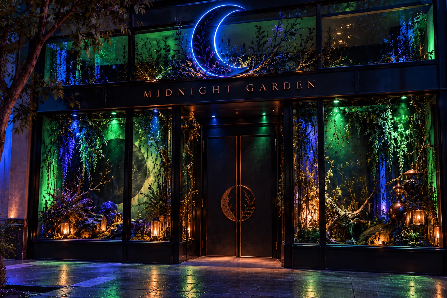 Midnight Garden storefront at night, with an illuminated blue crescent, emerald and blue garden window displays, warm lanterns, and black double doors with crescent handles.