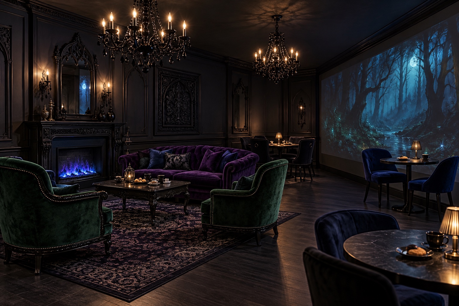 Gothic parlor with black chandeliers, purple velvet seating, emerald armchairs, café tables, and a moonlit forest projected across one wall.