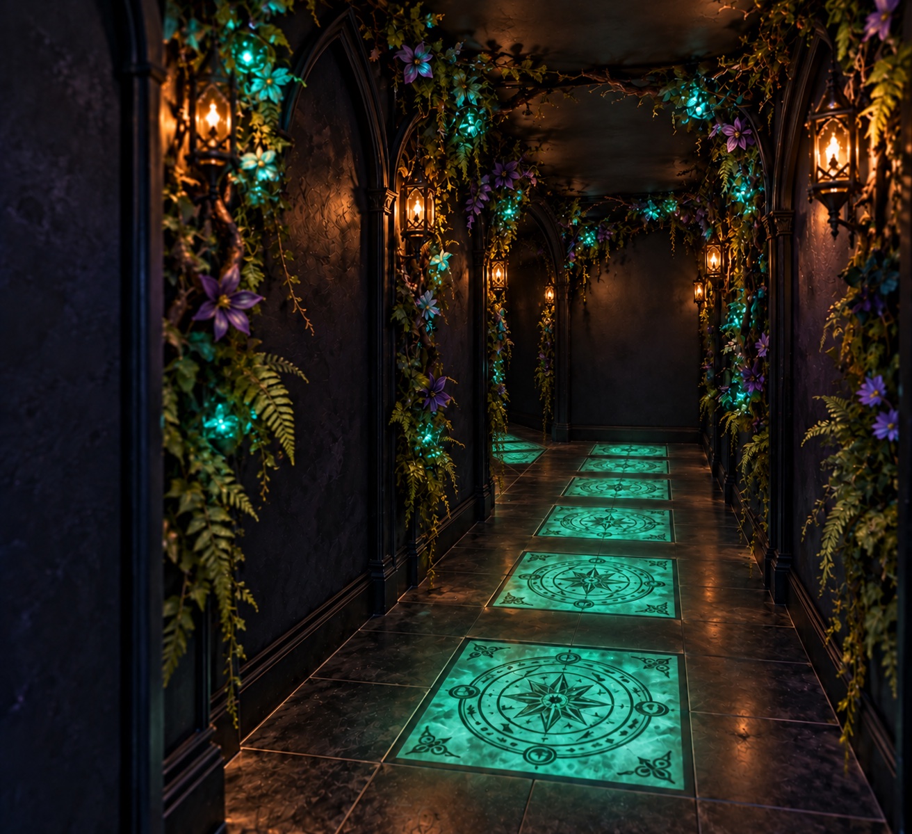 An enclosed garden tunnel with luminous turquoise sigil tiles, glowing flowers, Gothic arches, and a turn to the left at its far end.